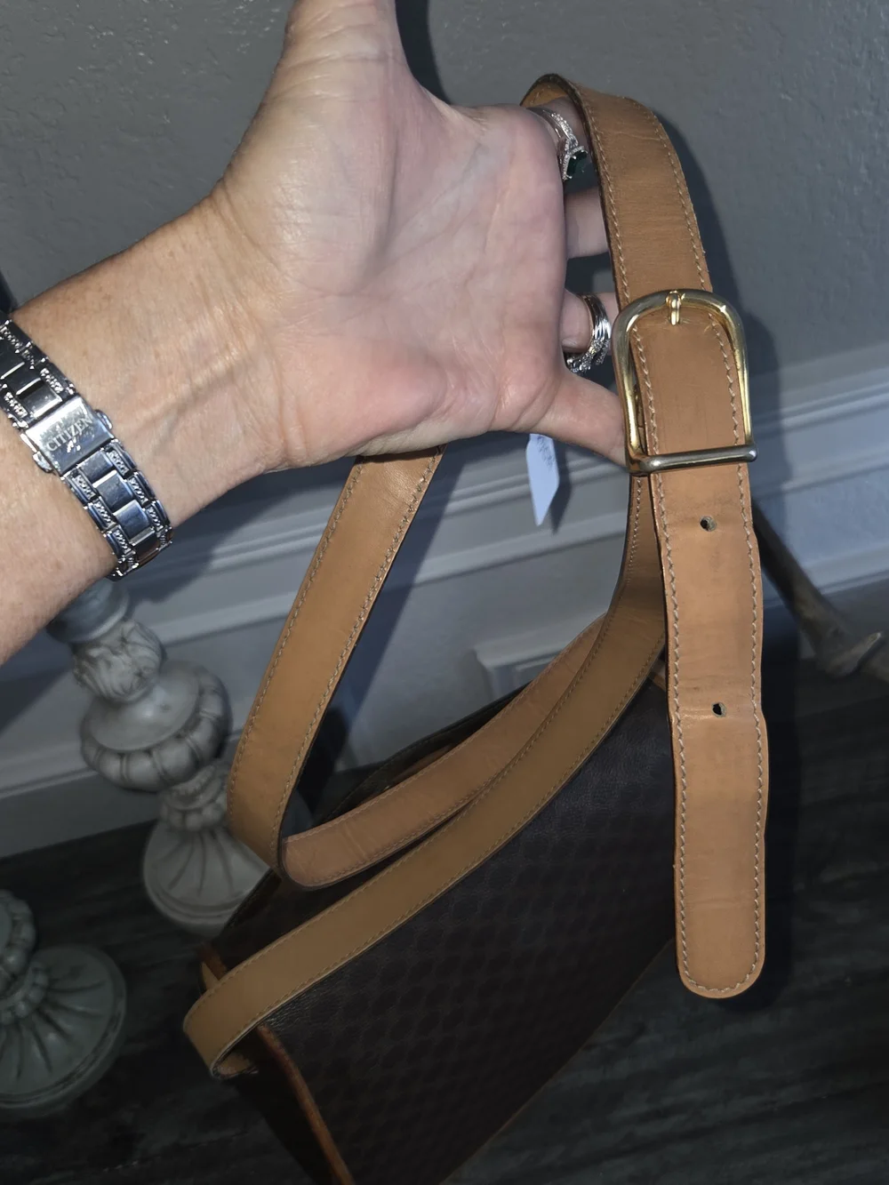 Celine Vintage Brown Patterned Crossbody Bag with Tan Strap And Matching Wallet.